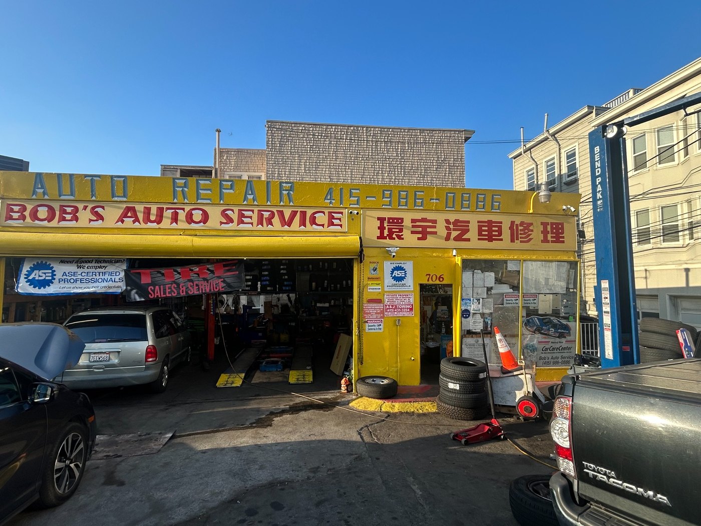 Bob's Auto SF shop exterior and bay